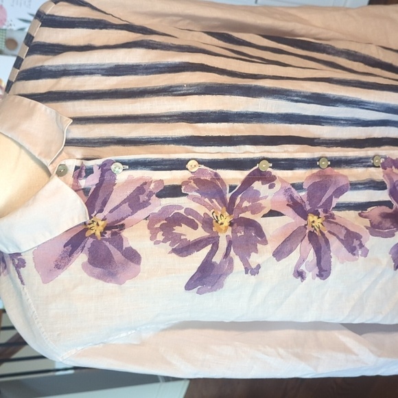 White /Purple 100% Linen Stripes And Floral Print Button Down Tunic Shirt Sz 16 - Picture 2 of 10